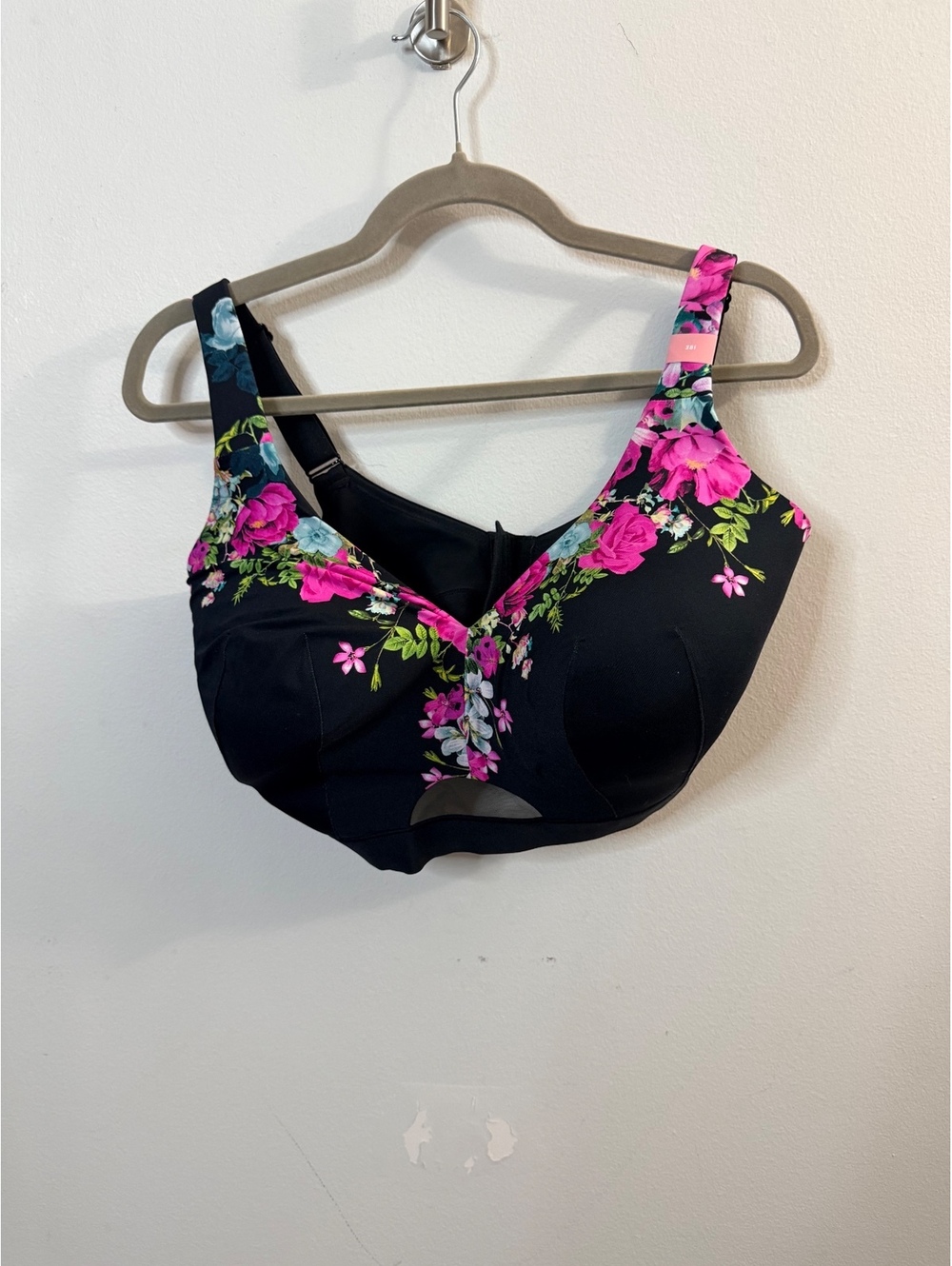 Cacique Lightly Lined No-Wire Bra 38I Black Pink Floral Adjustable Straps NWT